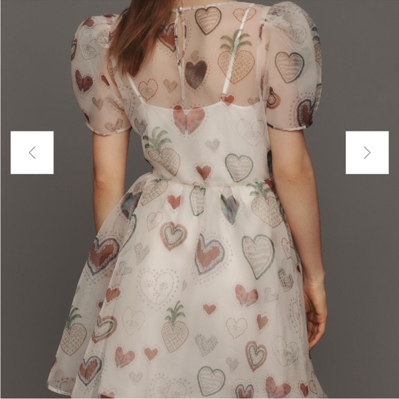 NWT Farm Rio x Anthropologie Heart Print Sheer Puff Sleeve Mini Dress XS NWT - Picture 3 of 6